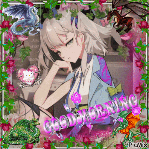 Girl Surrounded by Flowers and Dragons Saying Good Morning