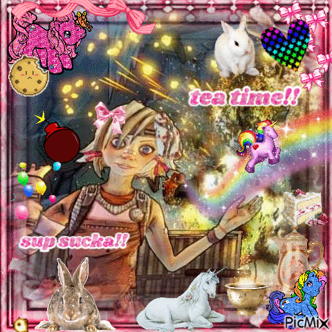 Girl Surrounded By Unicorns And Rabbits Saying Tea Time GIF