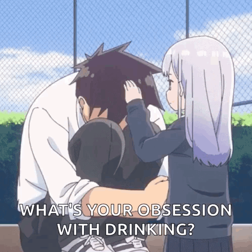 Girl Touching Man's Head With What's Your Obsession With Drinking