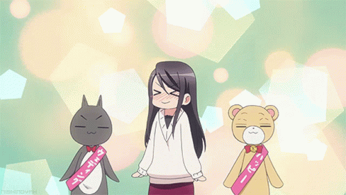 Girl Wearing Nishinomiya Sash Beside Teddy Bear And Penguin GIF