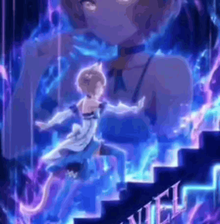 Girl White Dress Stairs Blue Purple Lights