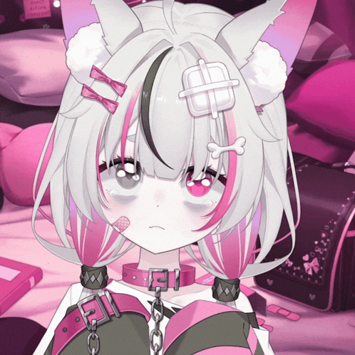 Girl White Hair Pink Highlights Bandage on Head