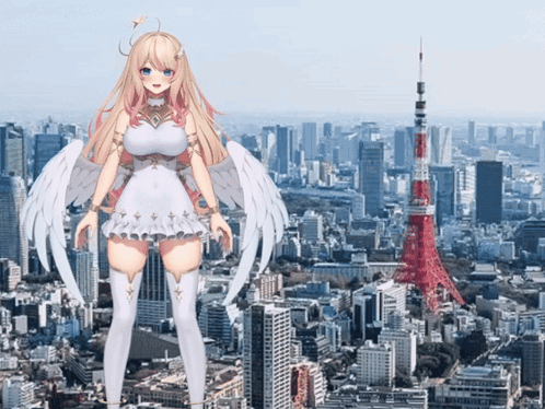 Girl with Angel Wings in Front of City