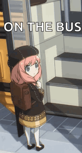 Girl with Backpack in Front of Bus