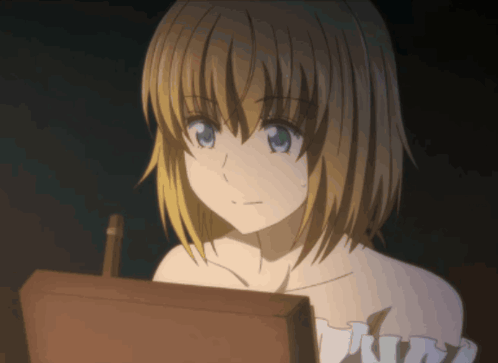 Girl With Blonde Hair And Blue Eyes At Easel GIF