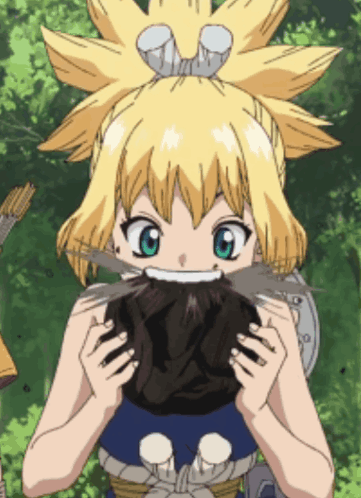 Girl with Blonde Hair and Green Eyes Holding Meat