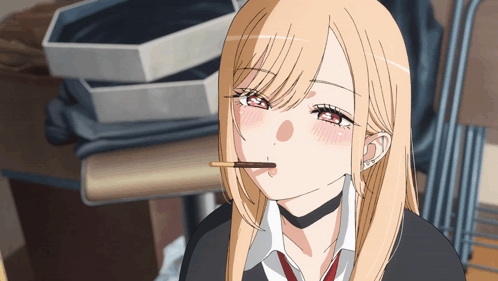 Girl with Blonde Hair and Red Eyes Eating Chocolate Bar