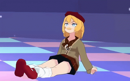 Girl With Blonde Hair And Red Hat Sitting On Checkered Floor GIF