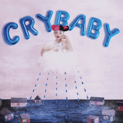 Girl with Blue Balloons Saying Crybaby
