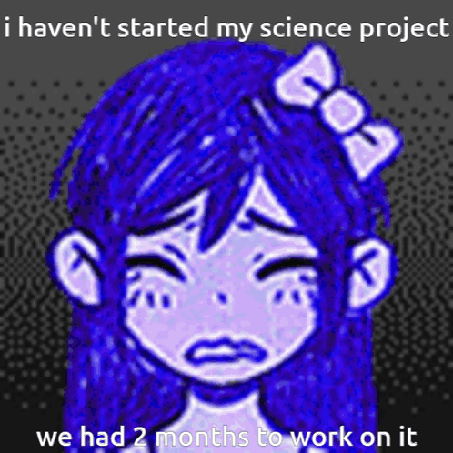 Girl With Blue Hair and Bow Saying I Haven't Started My Science Project