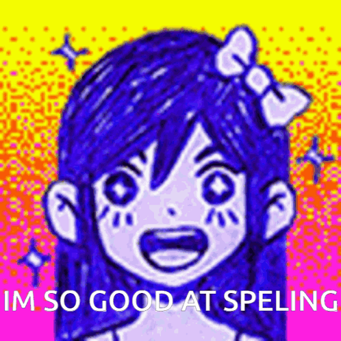 Girl with Blue Hair and Bow Saying Im So Good at Spelling