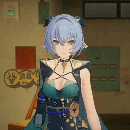 Girl With Blue Hair and Horns in Front of Graffiti Wall