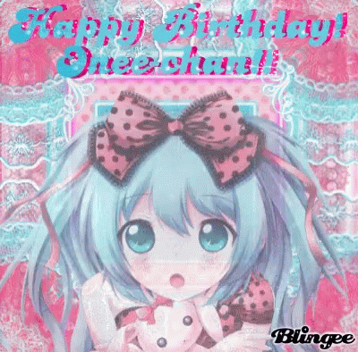 Girl With Blue Hair and Pink Bow Says Happy Birthday Sheraton