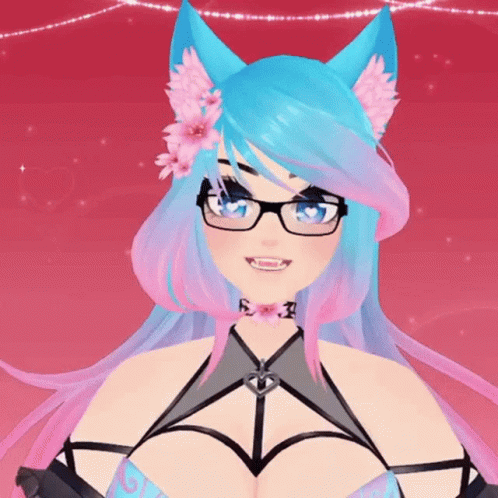 Girl With Blue Hair And Pink Ears Wearing Glasses And Choker GIF