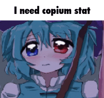 Girl With Blue Hair and Red Eyes Holding Umbrella Saying I Need Copium Stat