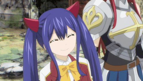 Girl With Blue Hair and Red Horns Next to Man in Armor