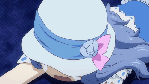 Girl With Blue Hair And White Hat With Pink Bow GIF