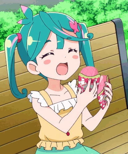 Girl with Blue Hair Eating Pink Item