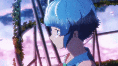 Girl with Blue Hair in Pink Sky
