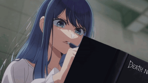 Girl With Blue Hair Looking At Death Note Book GIF