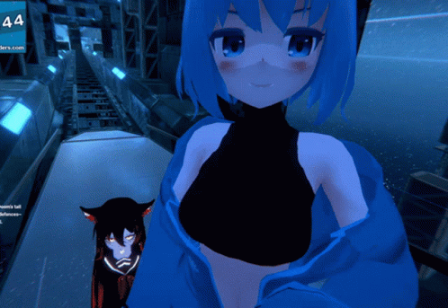 Girl with Blue Hair Next to Cat and Sign