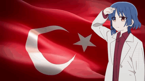 Girl With Blue Hair Saluting Flag