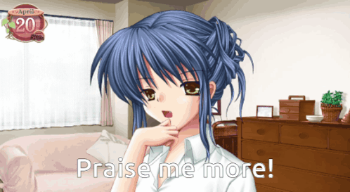 Girl with Blue Hair Saying Praise Me More