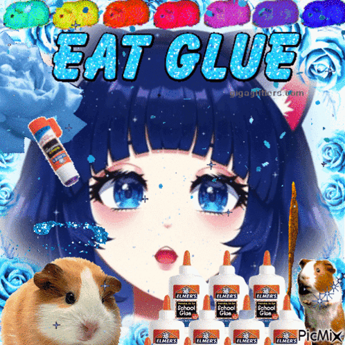 Girl with Blue Hair Surrounded by Glue