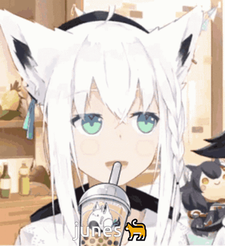 Girl With Cat Ears Drinking Bubble Tea GIF