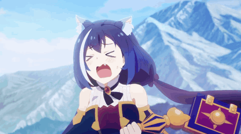 Girl With Cat Ears Holding Book in Snowy Mountain