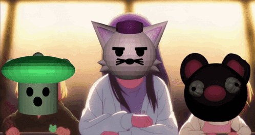 Girl With Cat Mask Sitting Next To Mushroom And Teddy Bear GIF