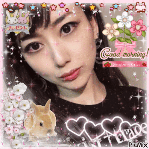 Girl With Flowers And Hearts Saying Good Morning GIF