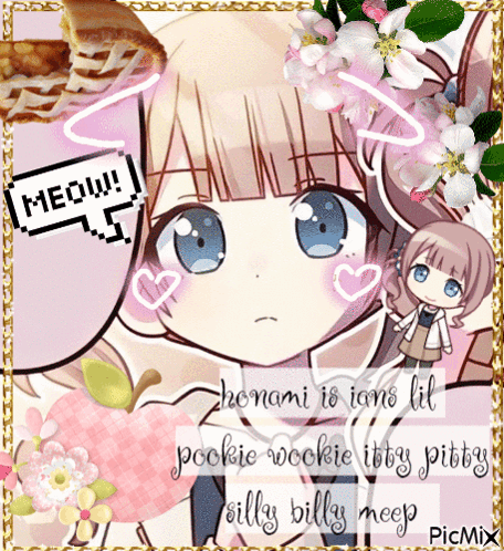 Girl with Flowers and Pizza Says Meow