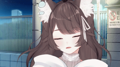 Girl with Furry Ear Smiling Next to No Smoking Sign