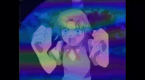 Girl With Glasses and Bow Tie in Front of Rainbow Background