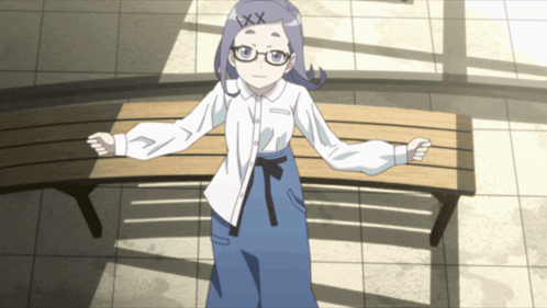 Girl With Glasses And Number XXX On Head Standing In Front Of Wooden Bench GIF