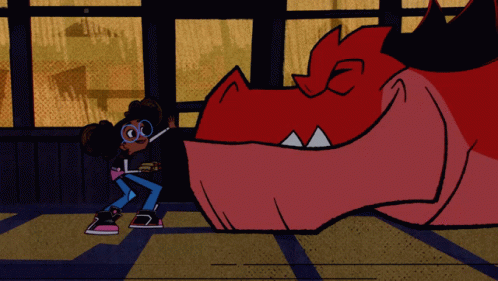 Girl with Glasses Next to Red Dragon
