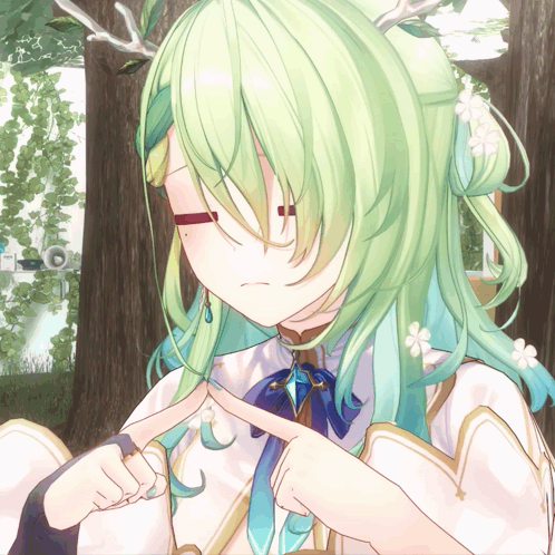 Girl With Green Hair and Antlers Making Gesture