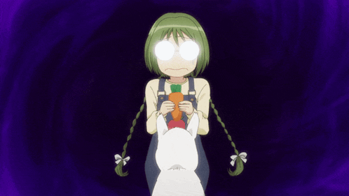 Girl With Green Hair Holding White Rabbit Glowing Eyes GIF