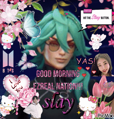 Girl with Green Hair Surrounded by Flowers and Butterflies