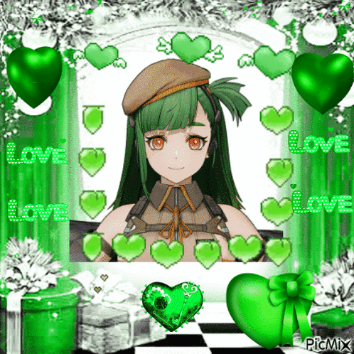 Girl With Green Hair Surrounded by Green Hearts Saying Love