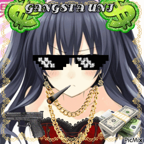 Girl With Gun and Stack of Money Gangsta Uni