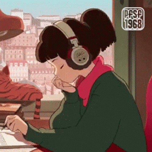 Girl With Headphones at Desk by Window