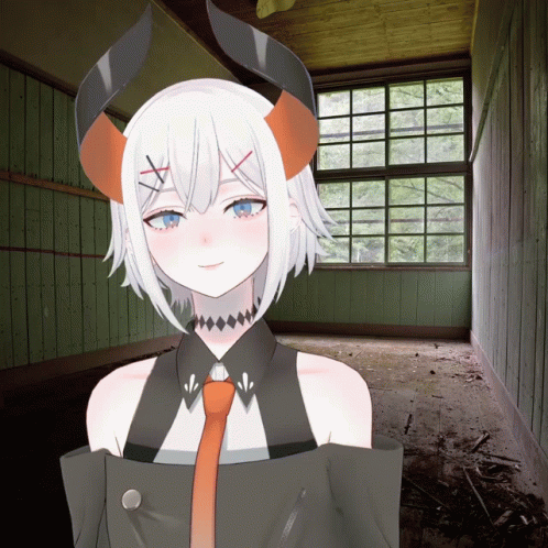 Girl With Horns And Tie In Hallway GIF
