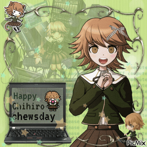 Girl With Laptop Says Happy Chihiro Chews Day GIF