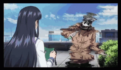 Girl With Long Black Hair Next To Statue GIF