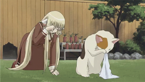 Girl With Long Blonde Hair Kneeling Next To Cat GIF
