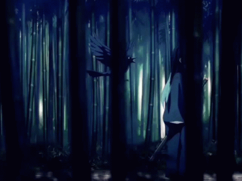 Girl With Long Blue Hair Holding Sword in Forest