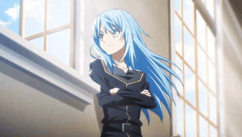 Girl With Long Blue Hair in Front of Window