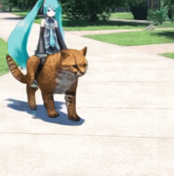 Girl With Long Blue Hair Riding A Cat On Sidewalk GIF